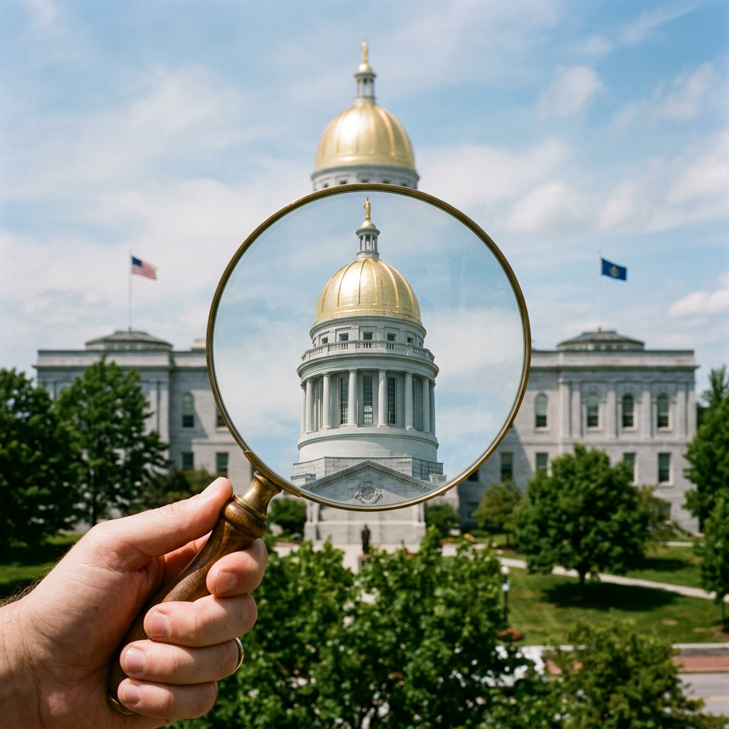 Hand holding magnifying glass focused on a golden-domed state capitol